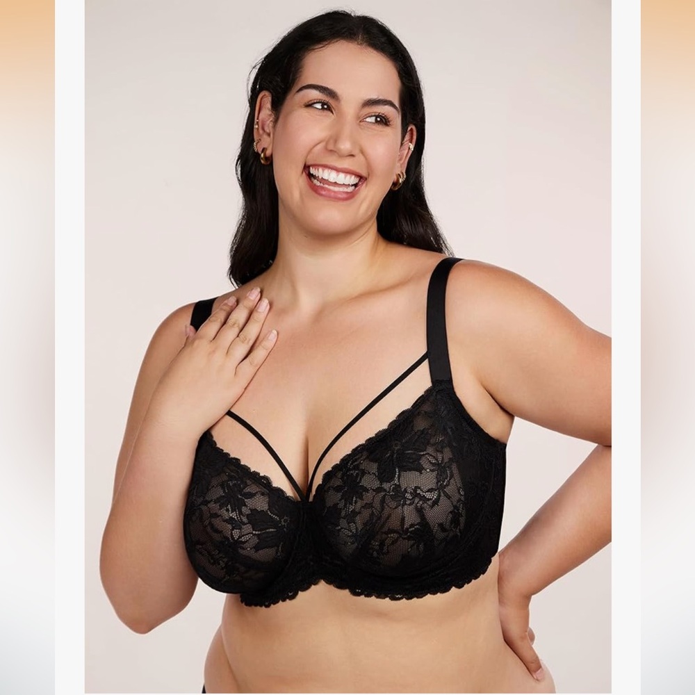 Black Lace Unlined Full Coverage Minimizer Bra Bralette | Size 38DD